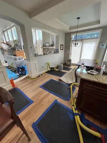 Hose-connected drying mats and an air mover covering a hardwood floor inside an Arvada house