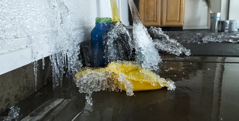 Ice built up along a wall and floor where a frozen supply pipe split and sprayed water